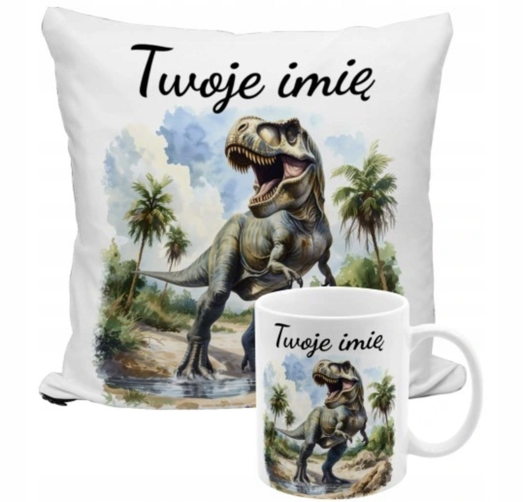 ZESTAW PODUSZKA + KUBEK Prezent DINOZAURY T-REX Z DINOZAURAMI + IMIĘ 43