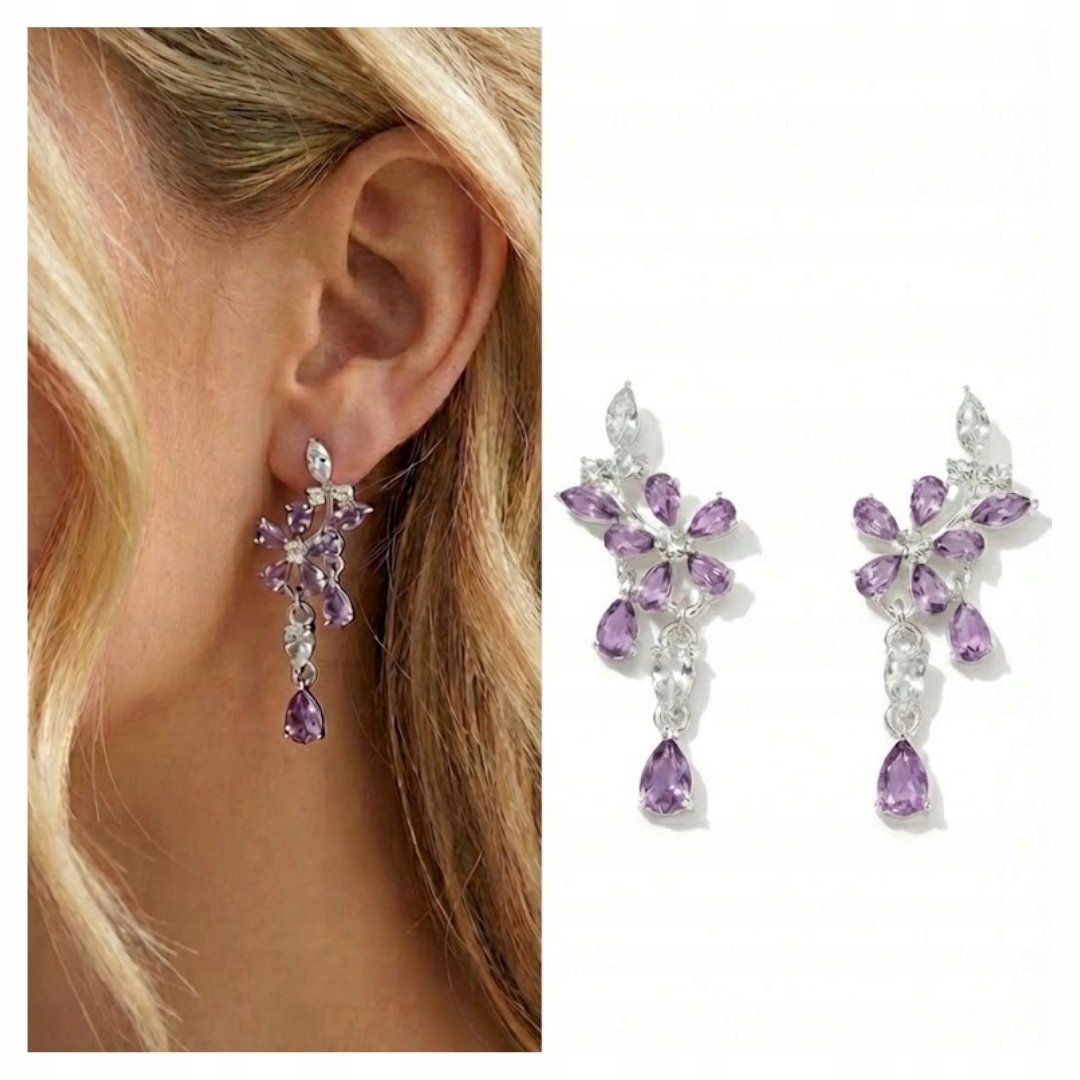Luksusowe Kolczyki Długie Kwiaty Fioletowe Cyrkonie Wieczorowe Trendy