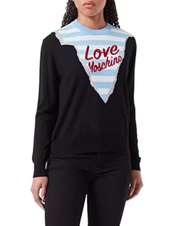Swetry damskie - Love Moschino Damski sweter o regularnym kroju z długim rękawem i wzorem w paski, styl górski, styl Intarsia i Love Embroidery, czarny, 44 - grafika 1