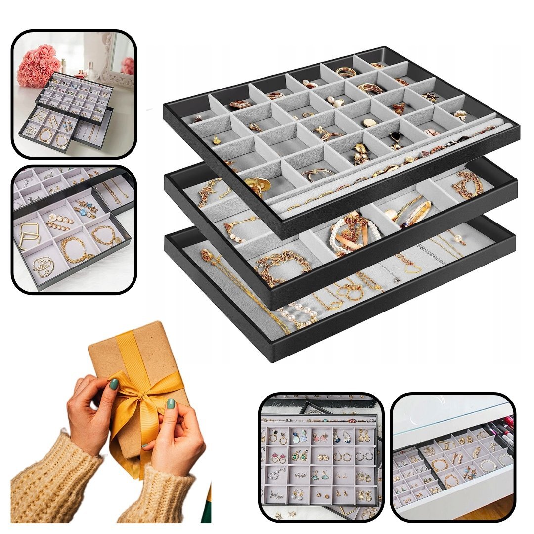 TACA NA BIŻUTERIĘ MOŻLIWOŚĆ UKŁADANIA W STOS, AKSAMITNY ORGANIZER SZKATUŁKA