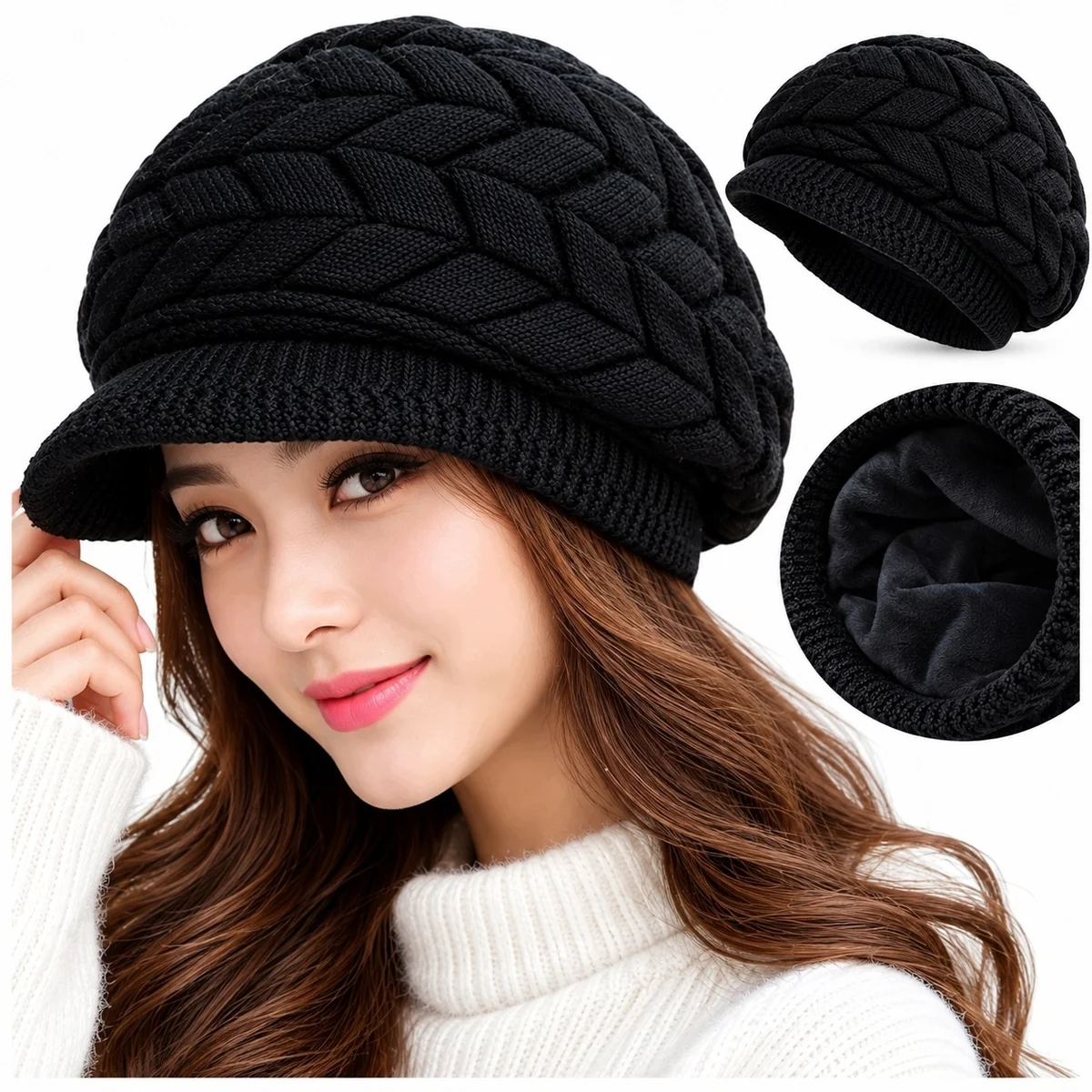 CZAPKA ZIMOWA DAMSKA CZARNA CIEPŁA GRUBA FUTRZANA Z POLAREM BEANIE NA ZIMĘ