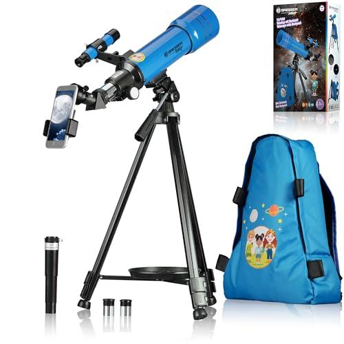 Bresser Junior teleskop dziecięcy 70/400 dla dzieci od 8 lat, astronomia, dla początkujących, teleskop z plecakiem, akcesoriami i uchwytem na smartfon, obserwacja nocnego nieba, niebieski