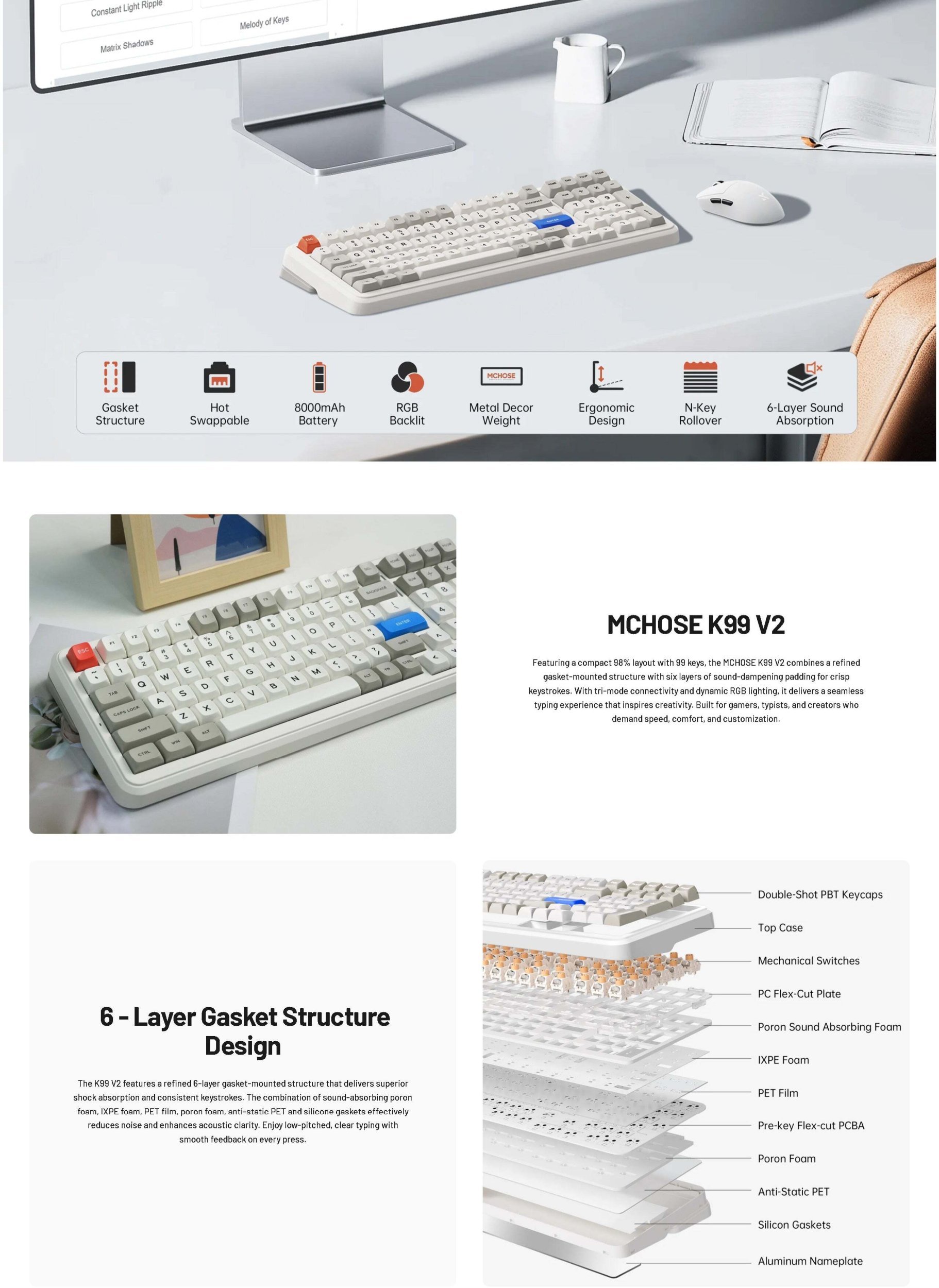 MCHOSE K99 V2 - US układ - Icy Creamsicle - Retro Biały Biała Belaidė Żaidimų Klaviatūra MC-K99V2-11