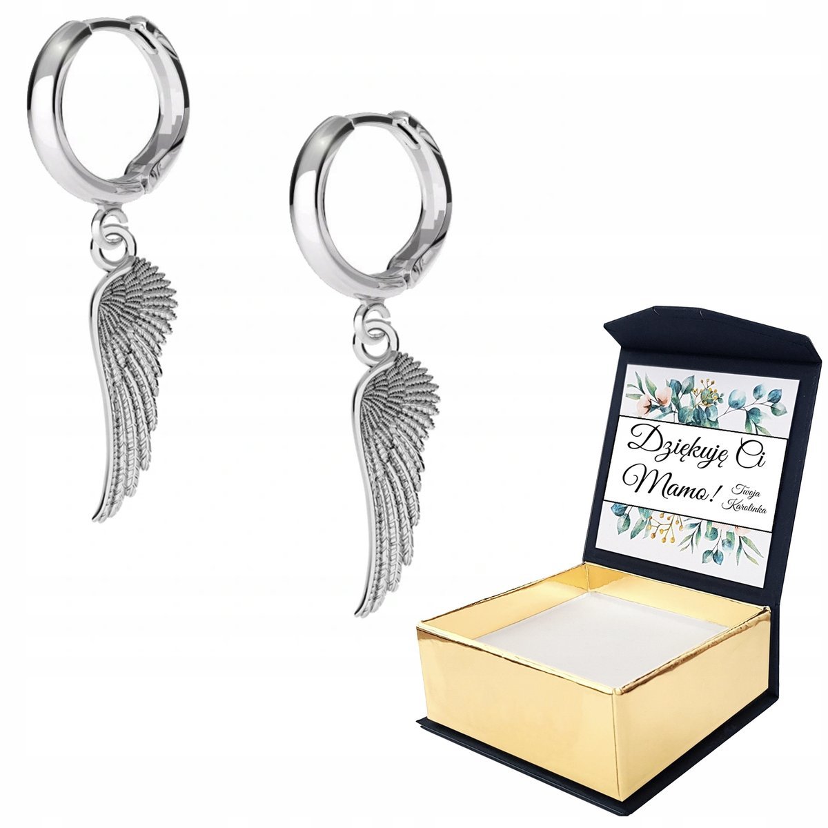 Kolczyki srebrne 925 Skrzydła Anioł WŁASNY NADRUK