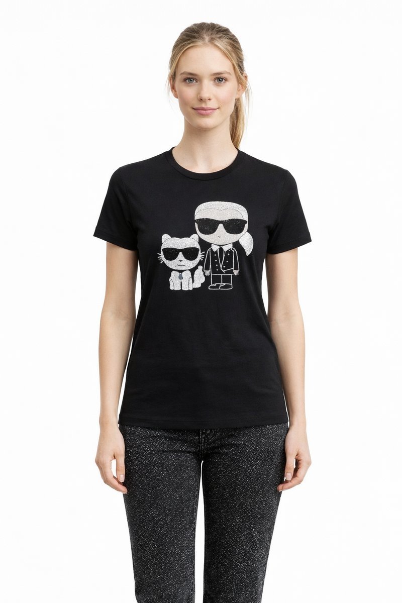 KARL LAGERFELD CZARNY T-SHIRT Z BŁYSZCZĄCYM NADRUKIEM XS 1I3A