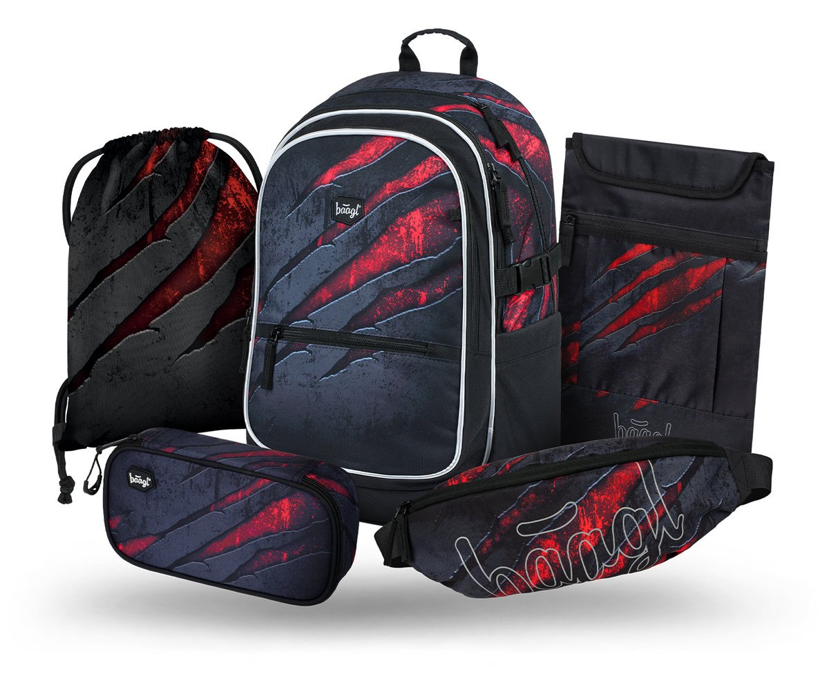 Zestaw Szkolny 5w1 BAAGL Plecak szkolny Core Lawa Ergonomiczny 25L 29x43x20 cm Czarny dla chłopca + Piórnik, Worek na buty, Nerka, Etui na laptopa