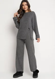 Ciemnoszary Komplet z Bawełną i Wełną Sweter z Guzikami i Rozcięciem Szerokie Spodnie Sialita - Komplety damskie - miniaturka - grafika 1