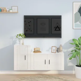 Prolenta Premium - 2-częściowa szafka pod telewizor wykonana z białego materiału drewnopochodnego o wysokim połysku - Szafki RTV - miniaturka - grafika 1