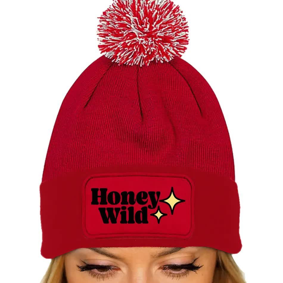 CZAPKA POMPON Bawełniana ZIMOWA Czerwona HONEY WILD Modne Subtelne Wzory