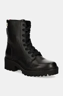 Botki damskie - Tommy Hilfiger workery skórzane CHIC MID HEEL LEATHER LACE-UP damskie kolor czarny na płaskim obcasie FW0FW08305 - miniaturka - grafika 1