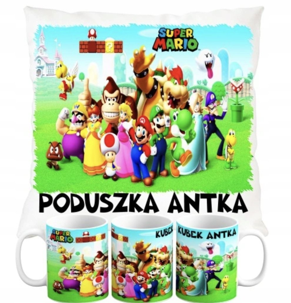 ZESTAW PODUSZKA + KUBEK Prezent SUPER MARIO BROS GRA + IMIĘ 18