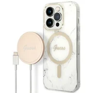 Etui i futerały do telefonów - Guess Zestaw GUBPP14LHMEACSH Case+ Charger iPhone 14 Pro 6,1" biały/white hard case Marble MagSafe - miniaturka - grafika 1