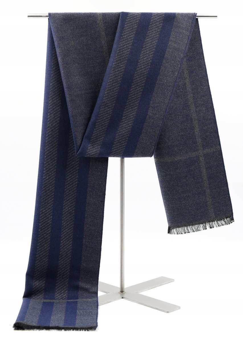 Szal Szalik Męski Grafitowo - Niebieski Pasy