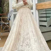 Inne - TEMU Elegancka długa spódnica dzianinowa z koronkowymi detalami - Kolekcja wiosna/jesień - miniaturka - grafika 1