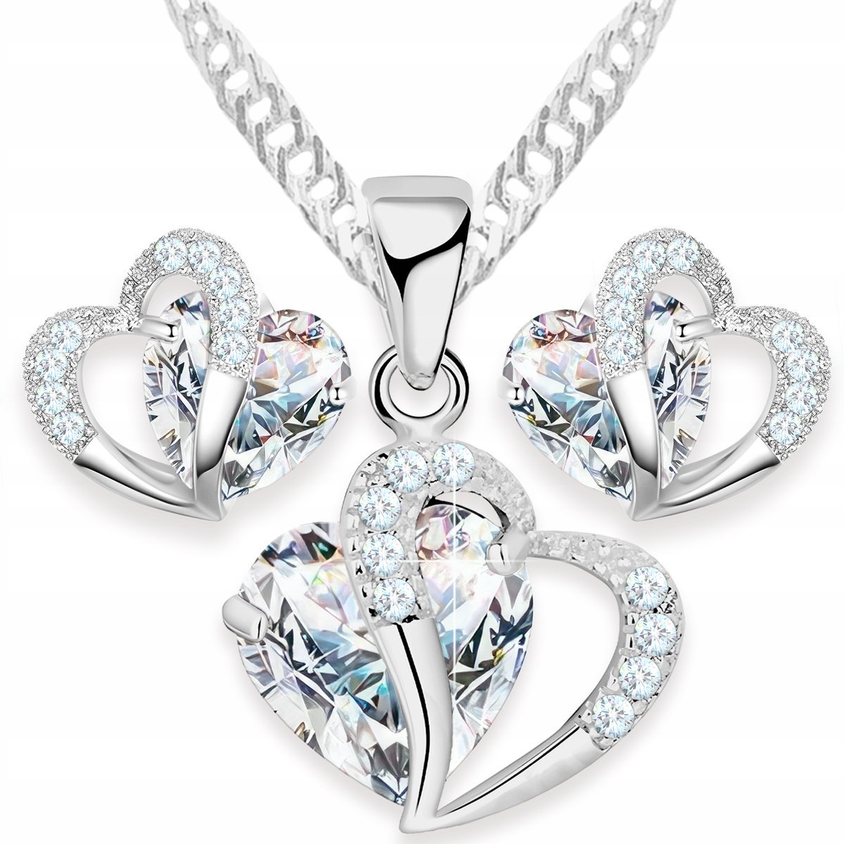 Zestaw Srebrny Naszyjnik i Kolczyki Białe Kryształowe Serca Love SREBRO 925