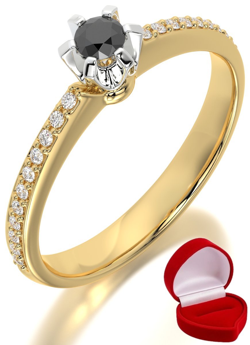 ZŁOTY PIERŚCIONEK ZARĘCZYNOWY 585 14k CZARNY BRYLANT 0,09 ct R6