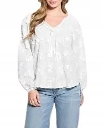 GUESS BIAŁA BLUZKA Z HAFTEM I DŁUGIM RĘKAWEM Z DEKOLTEM V XS GNA - Bluzki damskie - miniaturka - grafika 1