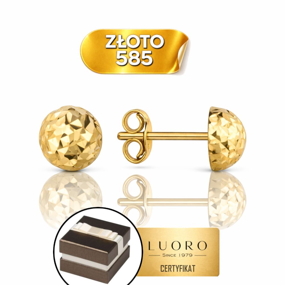 Kolczyki złote 585 14K pół kulki diamentowane 6 mm sztyft eleganckie