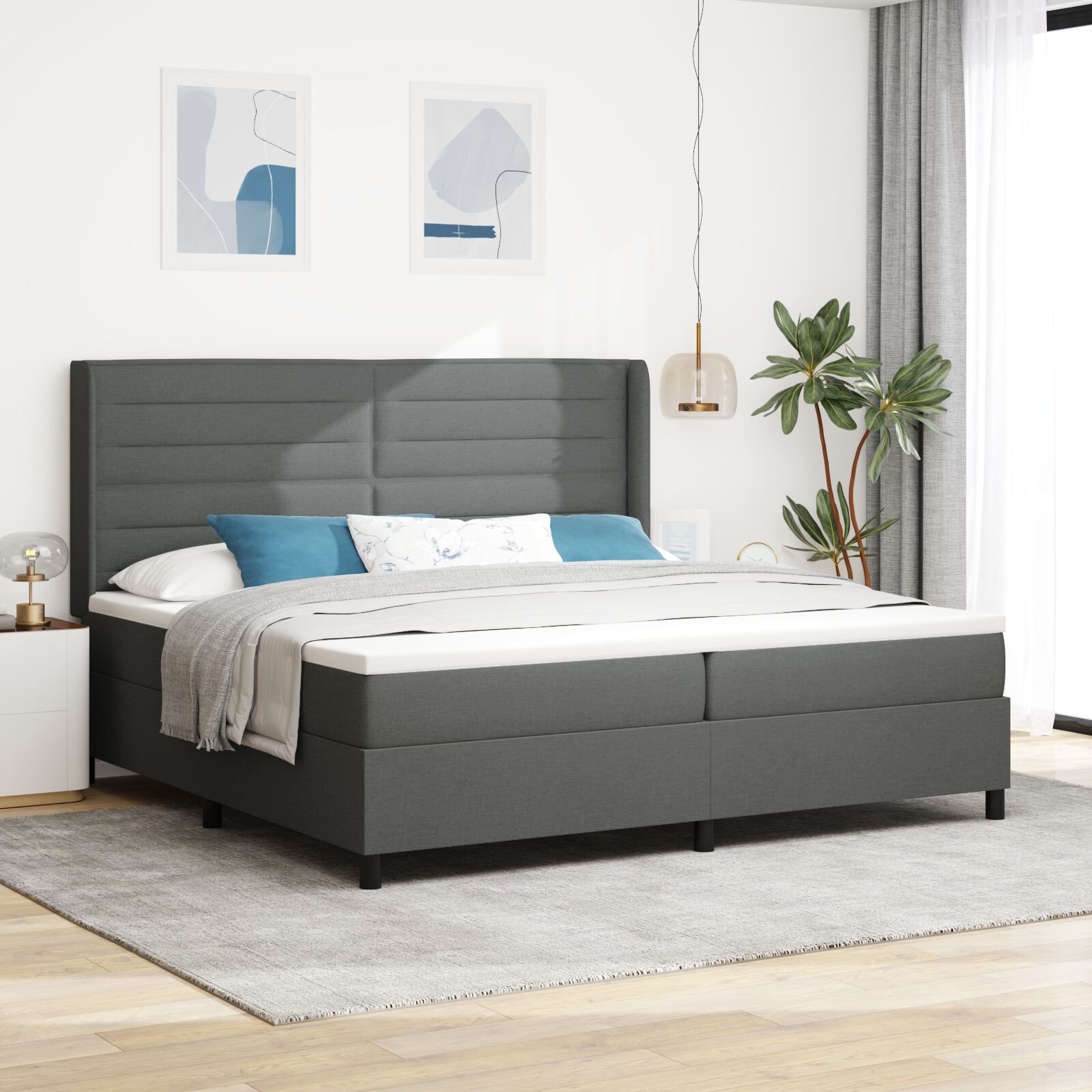 łóżko z materacem Box Spring ciemnoszare 200x200 cm tkanina