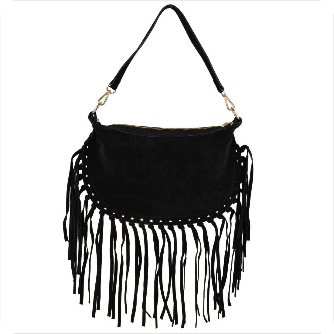 Włoska listonoszka z frędzlami skóra naturalna zamszowa czarna