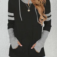 Bluzki damskie - TEMU Damski stylowy czarno-szary pulower z długim rękawem i kapturem z kieszeniami - swobodny top na jesień, na każdą porę roku, swobodny top z - miniaturka - grafika 1