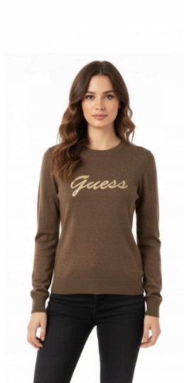 GUESS BRĄZOWY SWETER Z LOGO O DŁUGIM RĘKAWIE I OKRĄGŁYM DEKOLCIE M 1GNA