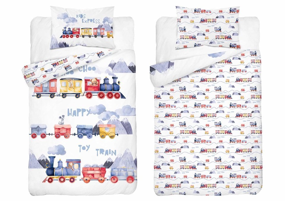 Pościel bawełniana do łóżeczka 100x135 5507a pociągi