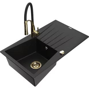 Mexen Cesar zlewozmywak granitowy 1-komorowy z ociekaczem i baterią kuchenną Aster, czarny - Zlewozmywaki z baterią - miniaturka - grafika 1