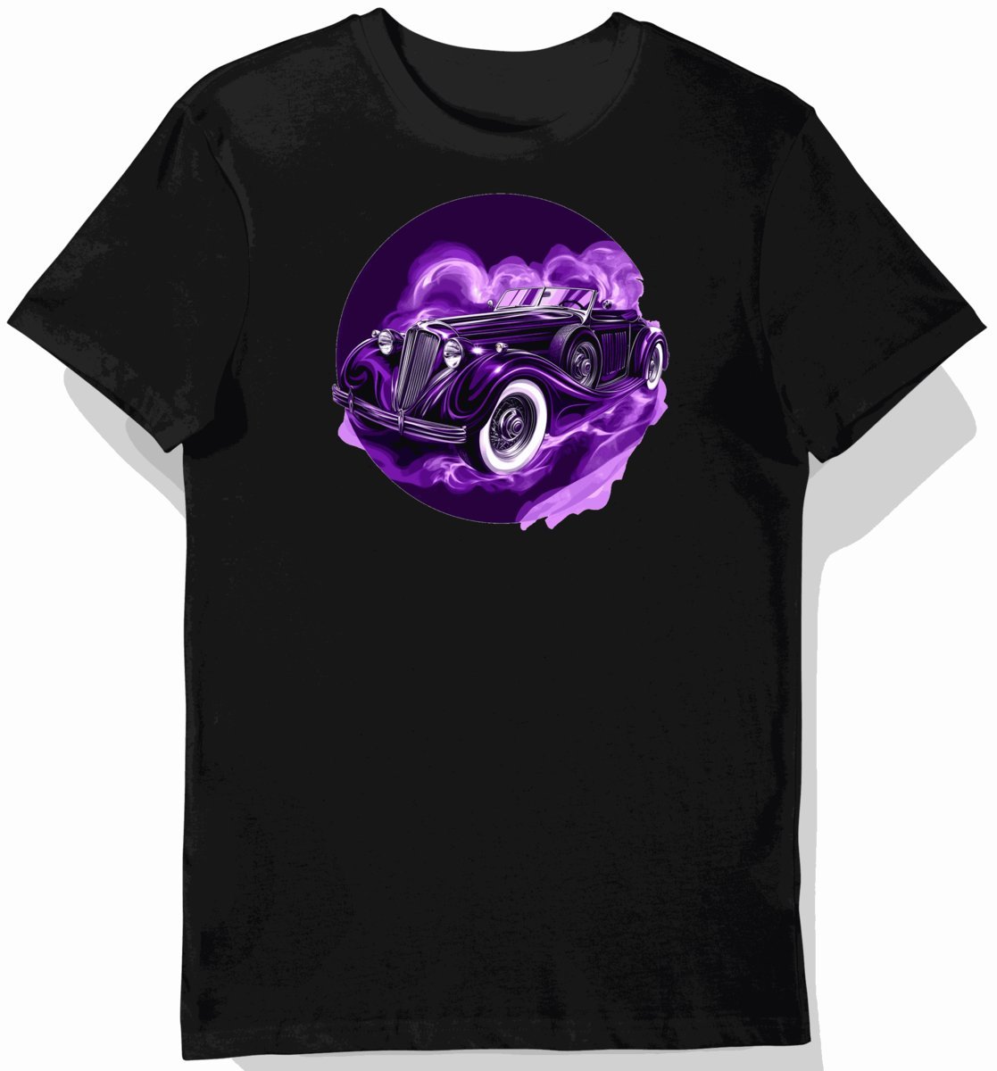 Koszulka męska czarna z motywem eleganckiego fioletowego kabrioletu S