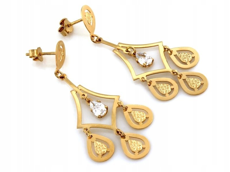 Nowoczesne złote kolczyki 585 wiszące z modnym ażurowym wzorem na prezent