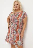 Sukienki - Czerwono-Beżowa Wiskozowa Sukienka w Stylu Boho o Pudełkowym Kroju z Materiałowym Paskiem Neteri - miniaturka - grafika 1