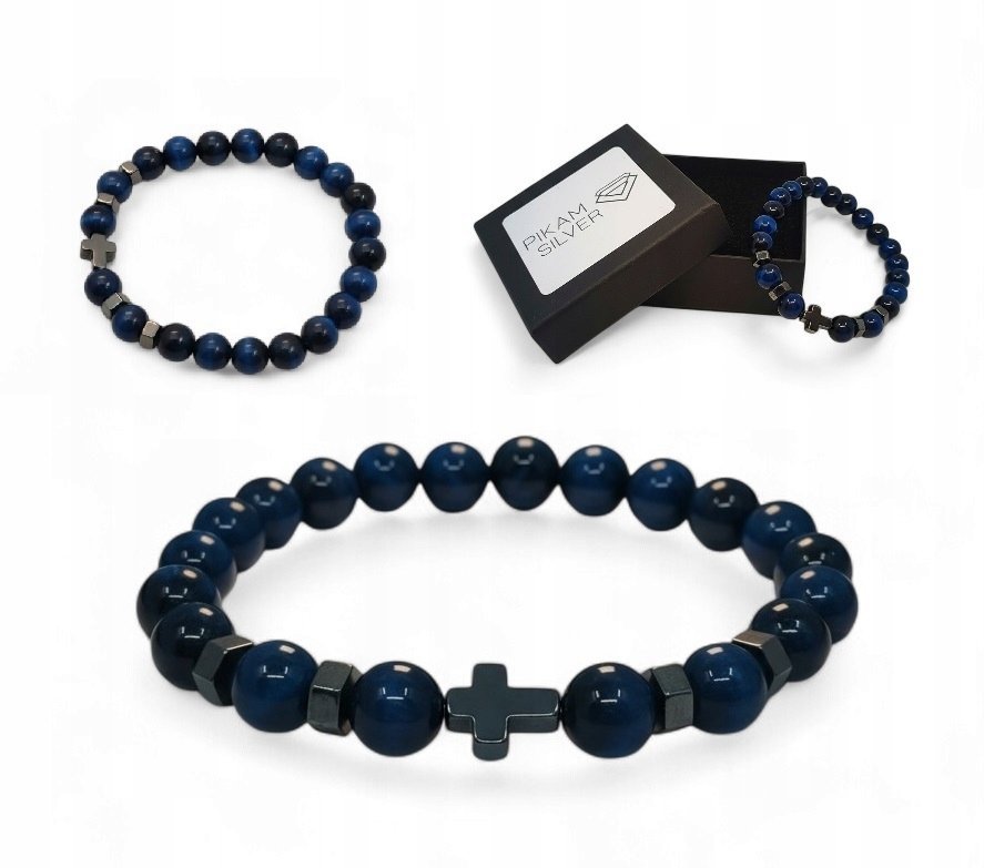 Bransoletka Z Kamieni Naturalnych 8,5mm Tygrysie Oko Niebieski Z Krzyżykiem