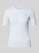 Swetry damskie - Bluzka z dzianiny ze ściegiem warkoczowym i wyhaftowanym logo - miniaturka - grafika 1