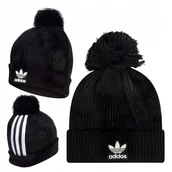 Czapki damskie - Czapka adidas Adicolor Czarna Z Pomponem Dopasowany Krój Logo Paski - miniaturka - grafika 1