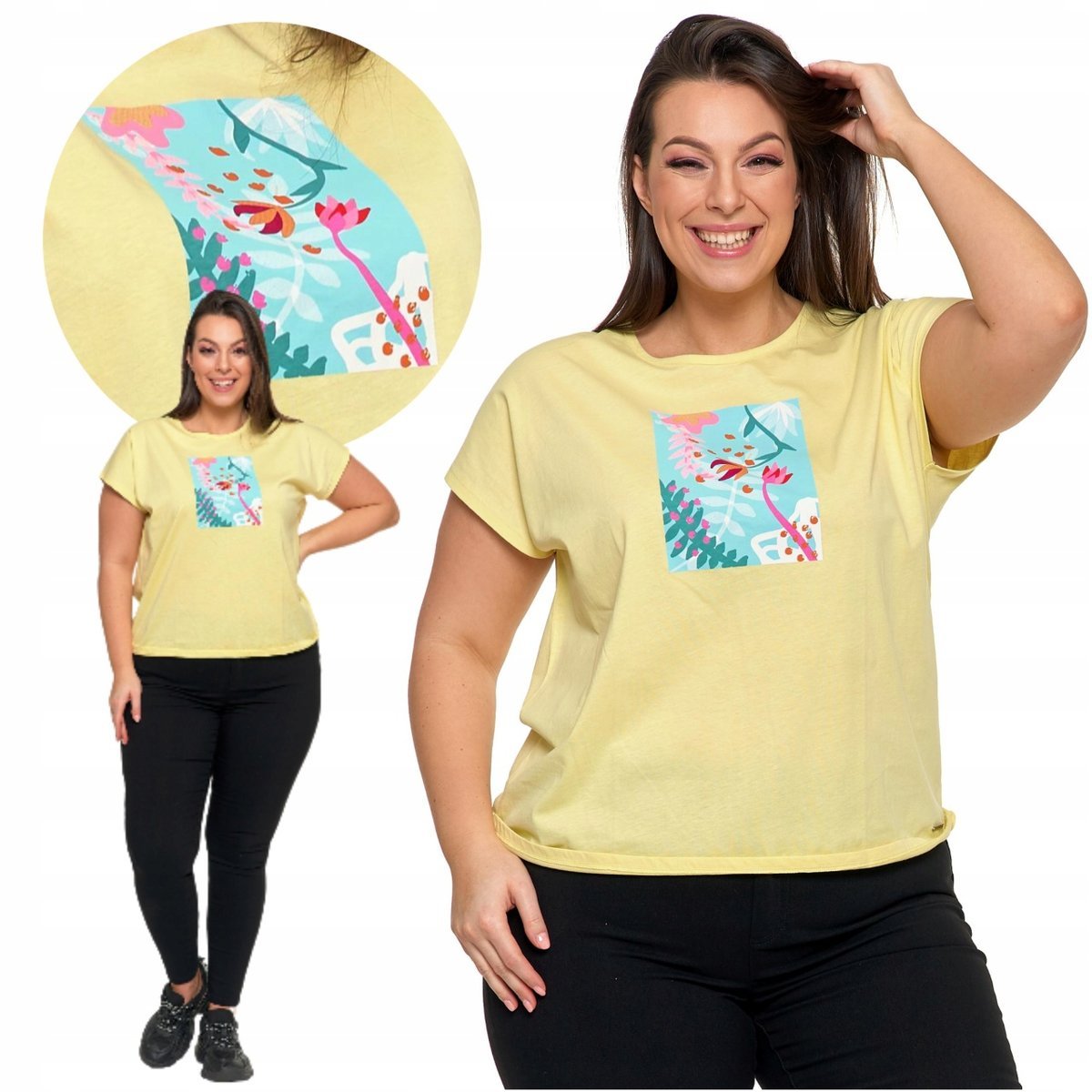 Koszulka Damska T-Shirt Bawełniana Z Nadrukiem W Kwiaty Moraj M Yellow