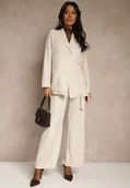 Komplety damskie - Beżowy Garnitur Szerokie Spodnie i Asymetryczna Marynarka Pumeira - miniaturka - grafika 1