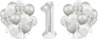 Balony i akcesoria - Zestaw SREBRNY BALONY na 1 URODZINY białe konfetti - miniaturka - grafika 1