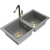 Zlewozmywaki z baterią - Mexen Mario zlewozmywak granitowy 2-komorowy z baterią kuchenną Flora, szary - miniaturka - grafika 1