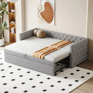 Łóżko tapicerowane Flieks sofa rozkładana 90x200cm z wysuwanym łóżkiem 90x190cm, łóżko dzienne funkcjonalna sofa rozkładana ze stelażem listwowym, łóżko młodzieżowe łóżko dziecięce łóżko drewniane, aksamitne - Sofy i kanapy - miniaturka - grafika 1