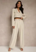 Komplety damskie - Beżowy Komplet w Stylu Garniturowym Szerokie Spodnie z Paskiem i Krótka Marynarka Veritia - miniaturka - grafika 1