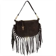 Torebki damskie - Włoska listonoszka z frędzlami skóra naturalna zamszowa brąz czekolada - miniaturka - grafika 1