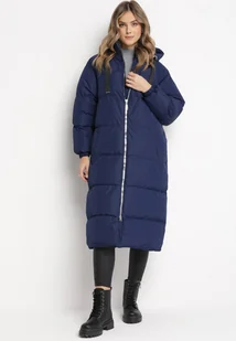 Granatowa Długa Kurtka Pikowana Płaszcz na Zamek z Kapturem Lesea - Kurtki damskie - miniaturka - grafika 1