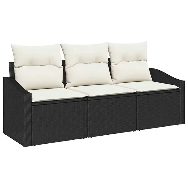 Zestaw sofy ogrodowej 3-częściowy, czarny rattan, kremowe poduszki, 80 cm
