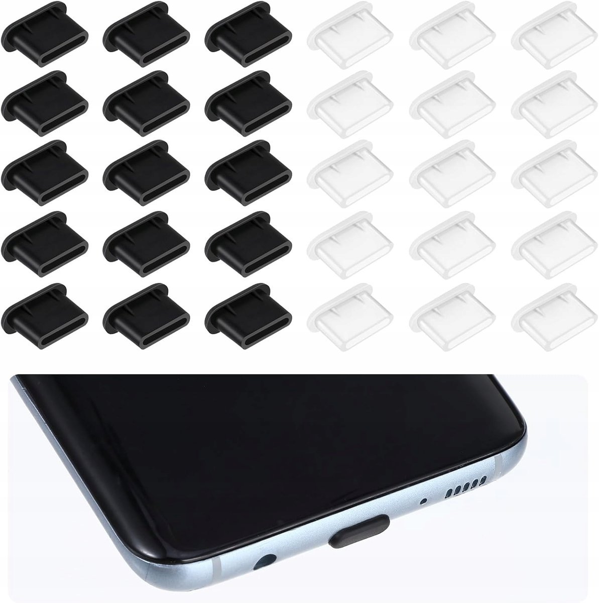 ZAŚLEPKI OCHRONNE DO GNIAZDA ŁADOWANIA USB C CZARNE BIAŁE ZESTAW 30 SZTUK