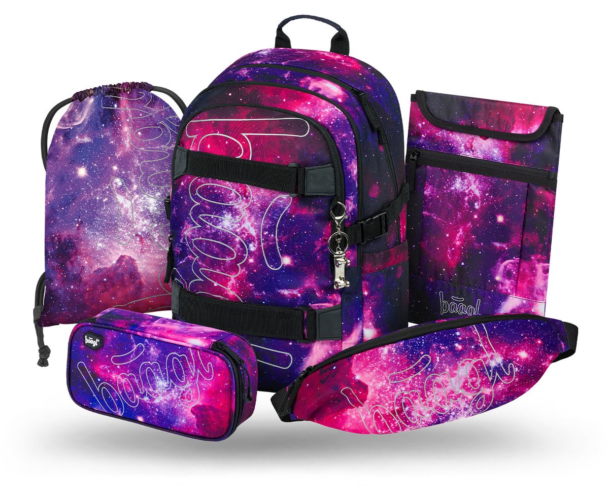 Zestaw Szkolny 5w1 BAAGL Plecak szkolny Skate Galaxy Ergonomiczny 25L 29x43x20 cm Wielokolorowy dla chłopca + Piórnik, Worek na buty, Nerka, Etui na..