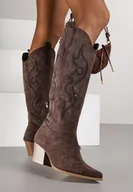 Kozaki damskie - Brązowe Kozaki Kowbojki na Stożku z Cholewką z Cyrkoniami Nalikka - miniaturka - grafika 1