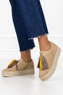 Beżowe sneakersy skórzane damskie creepersy z kolorowymi chwostami sznurowane PRODUKT POLSKI Casu 2691-775 - Półbuty damskie - miniaturka - grafika 1