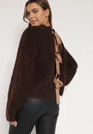 Swetry damskie - Brązowy Kardigan z Wełną i Bufiastymi Rękawami Wiązany na Plecach Tuseleia - miniaturka - grafika 1