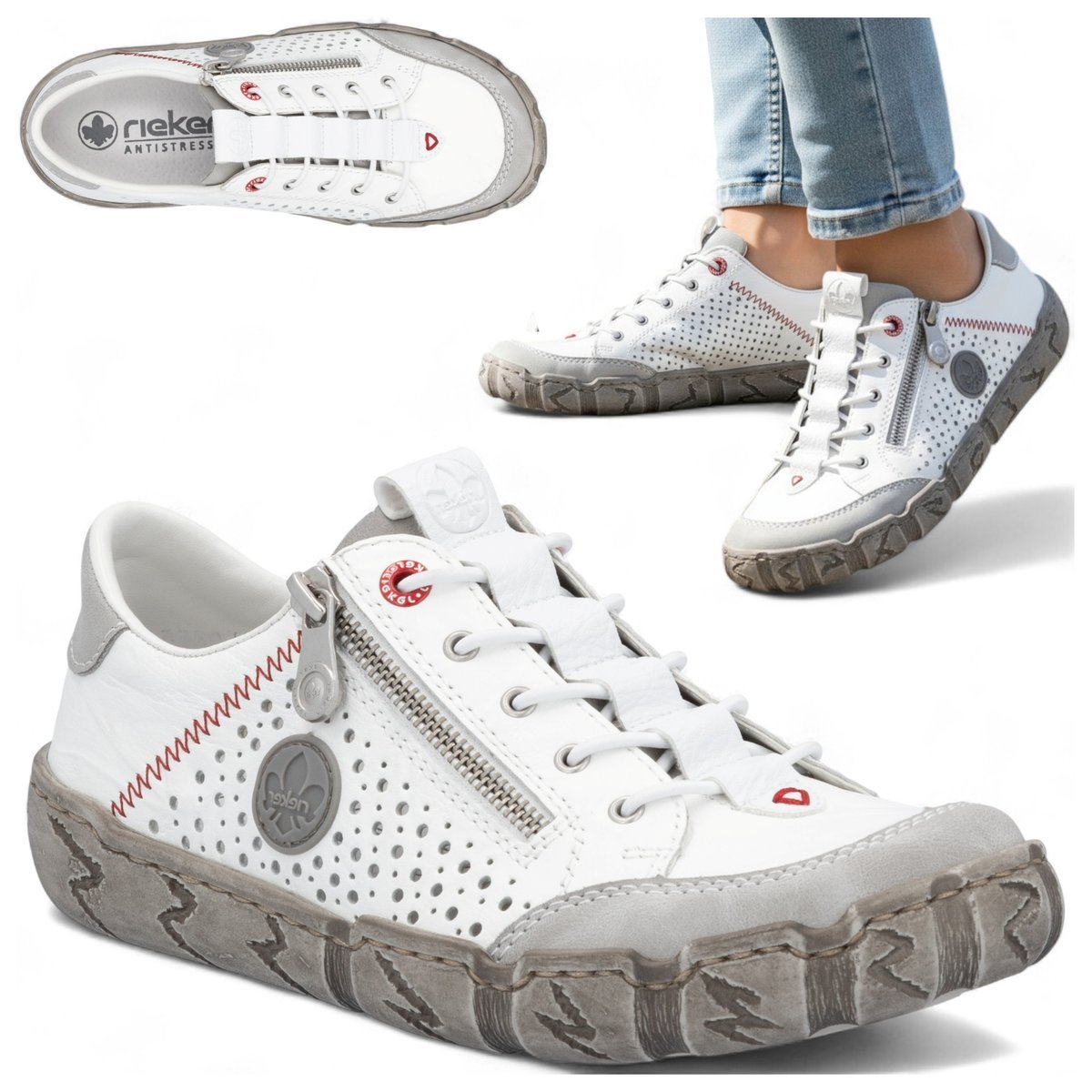 Półbuty Damskie Skórzane RIEKER Białe Sneakersy Sportowe Wsuwane 42