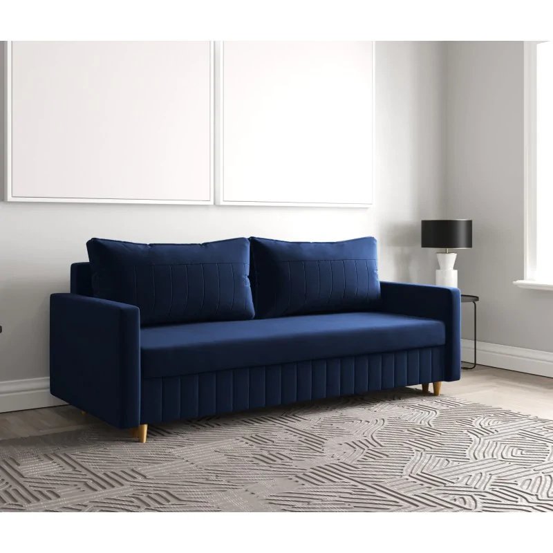 Sofa rozkładana MARO, sofa z funkcją spania i pojemnikiem na pościel, sofa rozkładana, sofa na nóżkach z naturalnego drewna, tkanina welurowa, kanapa w kolorze: niebieski
